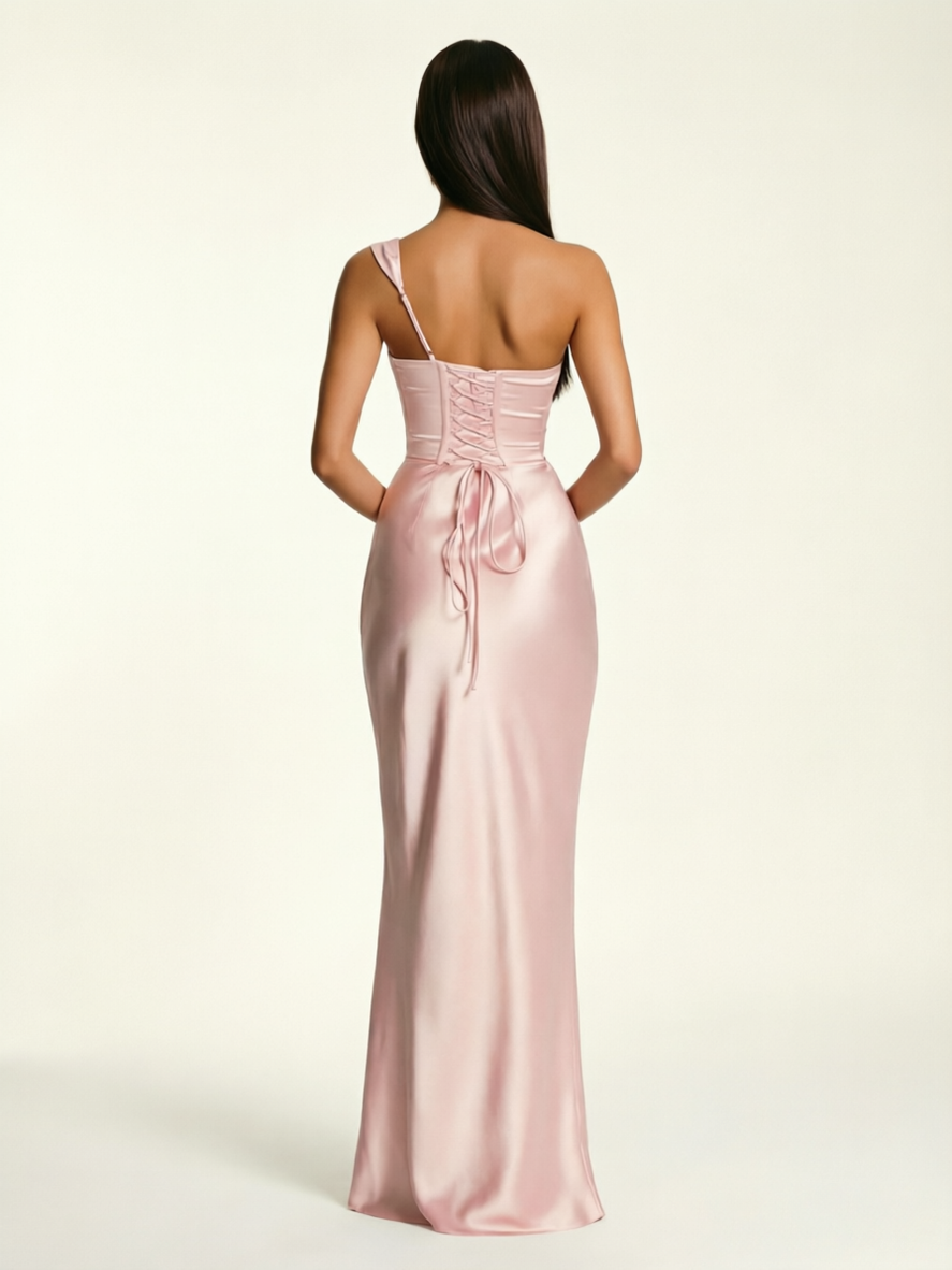 Single-shoulder satin back strap design formal dress