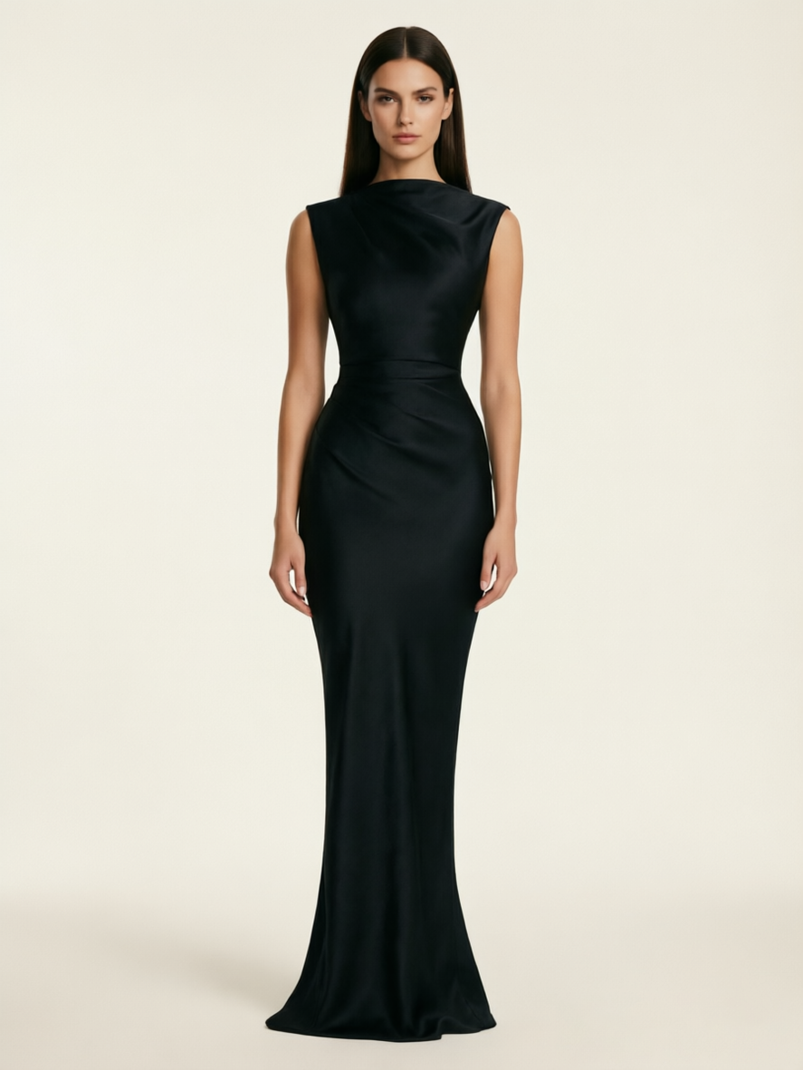 Sleeveless Draped Satin Mermaid Cutout Back Formal Dress