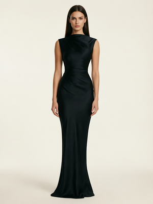 Sleeveless Draped Satin Mermaid Cutout Back Formal Dress
