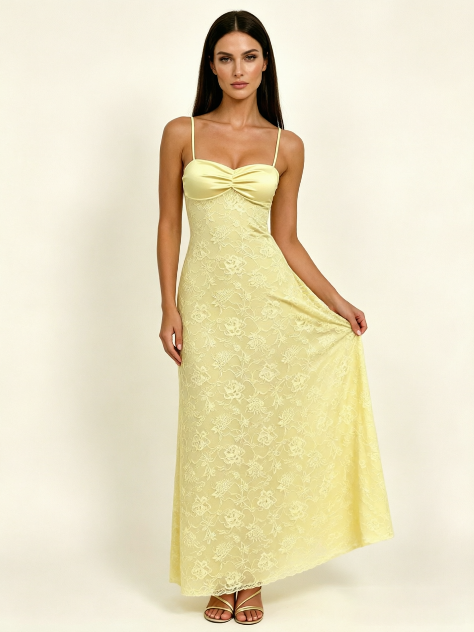 Satin Bust Lace Midi Maxi Dress, Spaghetti Strap Cross Lace Up Back Bridesmaid Dress