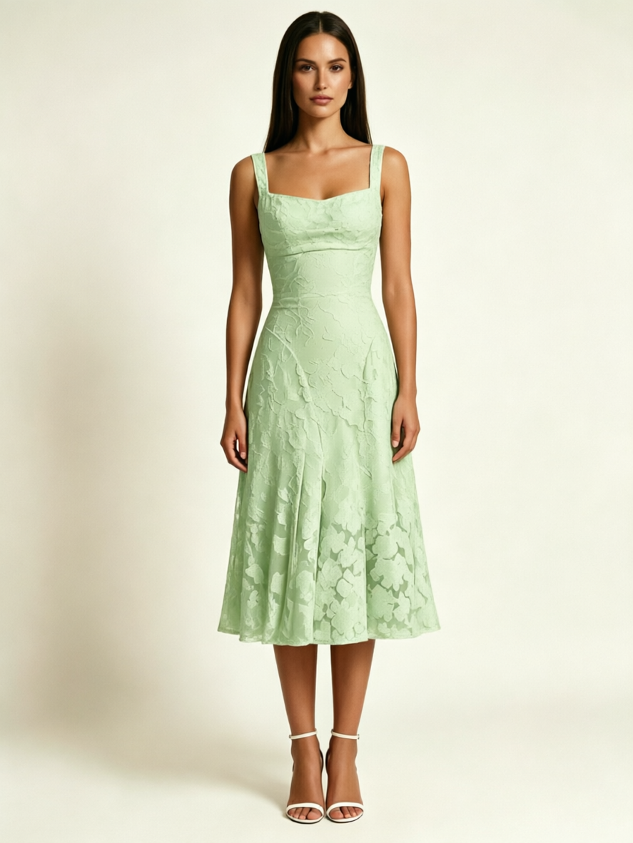 3D Floral Jacquard Square Neck Midi Dress