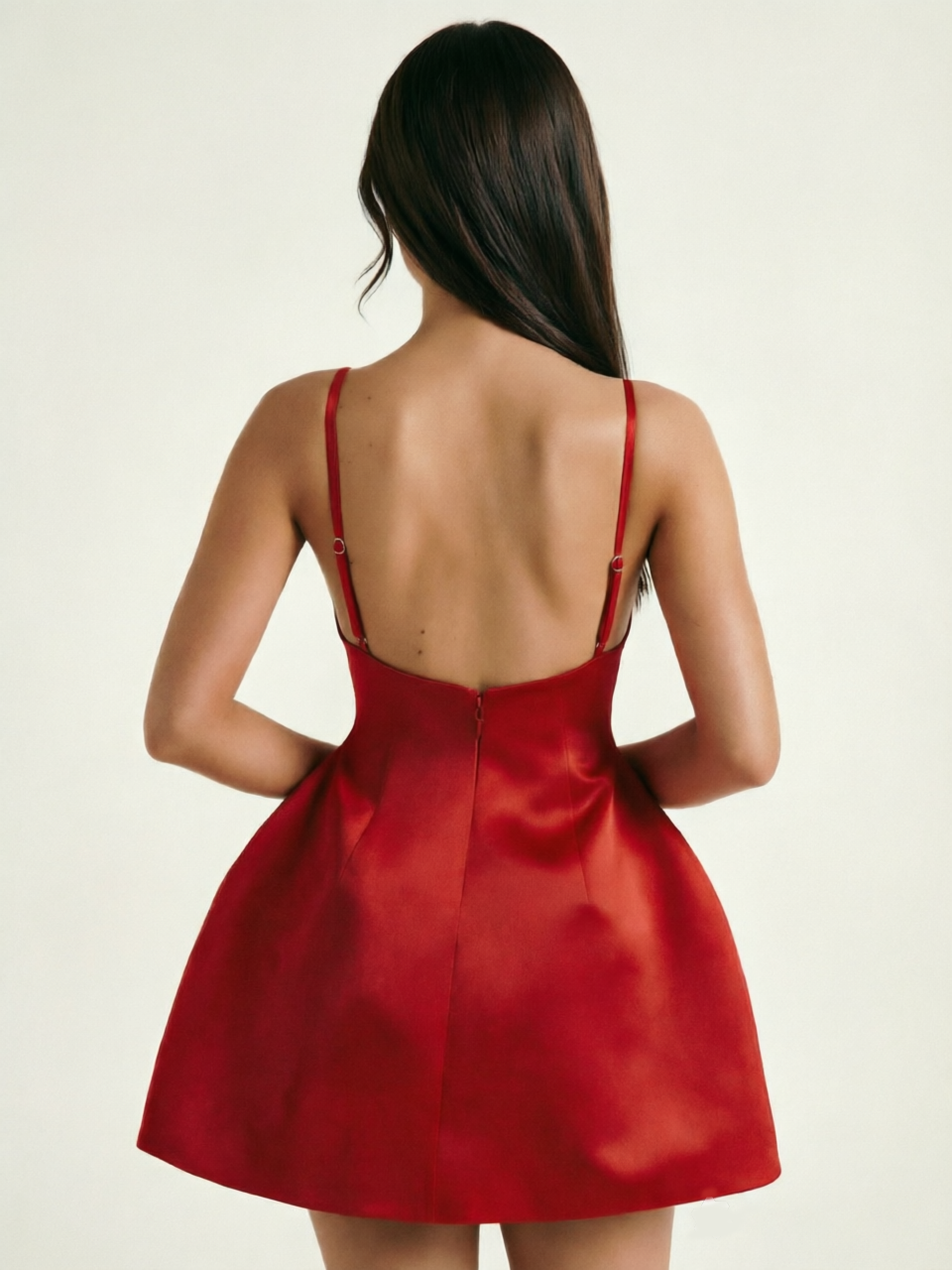 Satin Boat Neck Open Back Fit & Flare Mini Dress