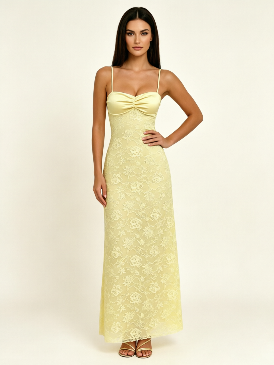 Satin Bust Lace Midi Maxi Dress, Spaghetti Strap Cross Lace Up Back Bridesmaid Dress