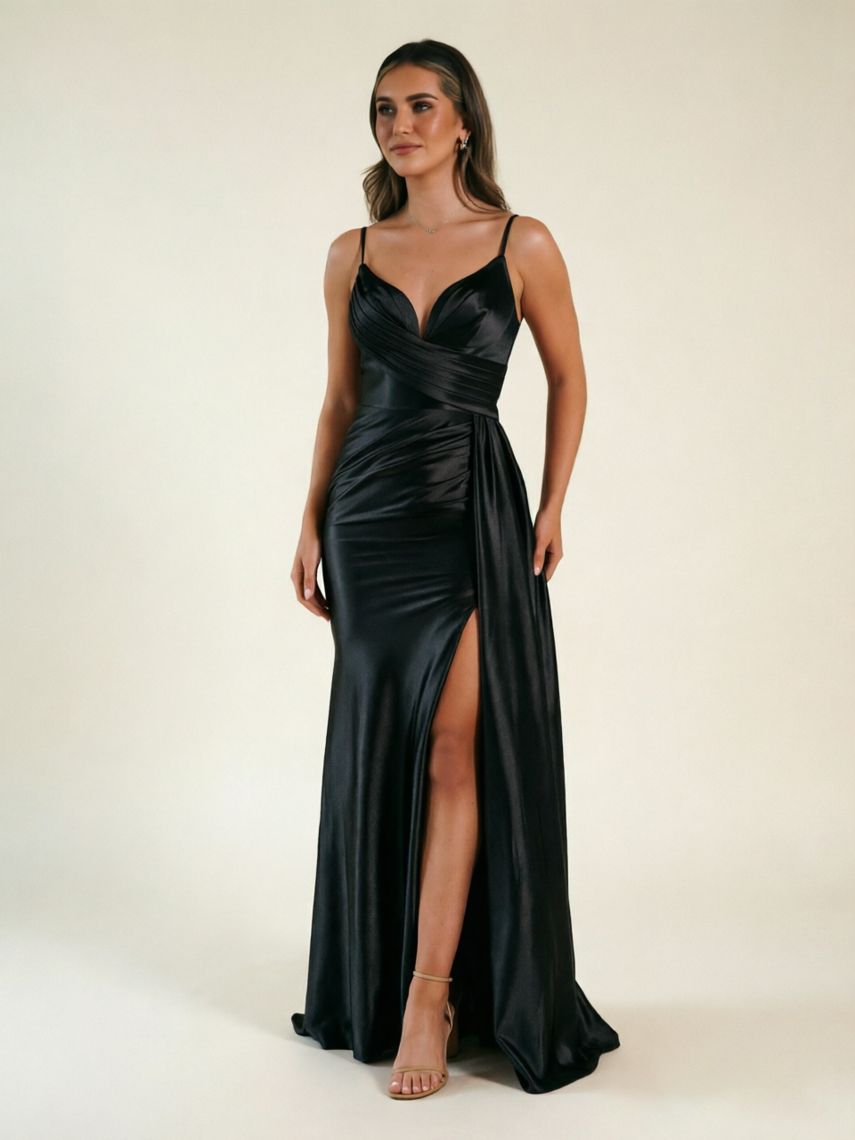 V-neck satin fine bandeau fitted high slit long dress