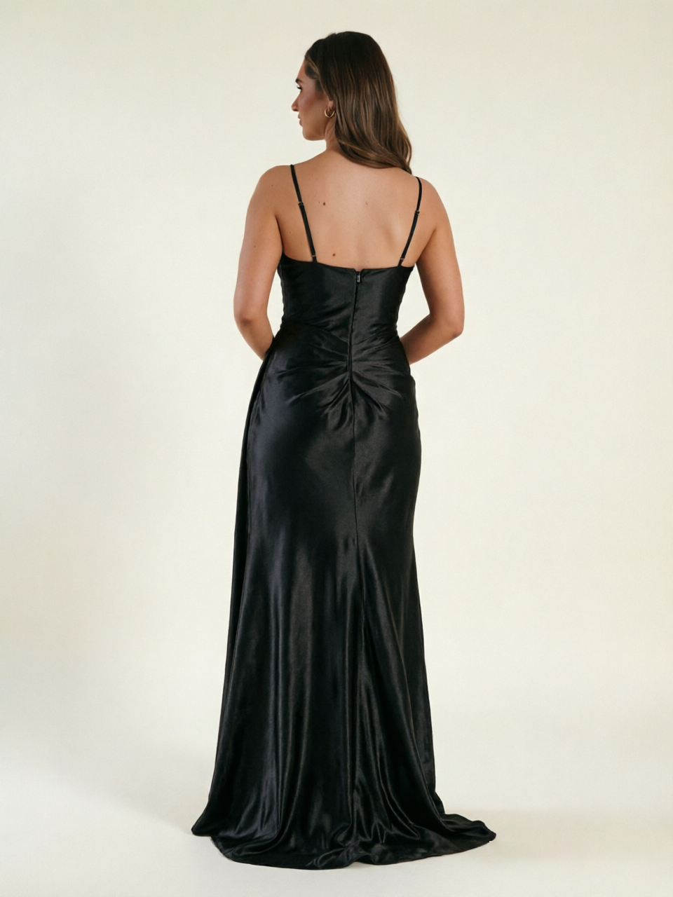 V-neck satin fine bandeau fitted high slit long dress