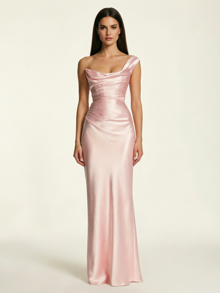 Single-shoulder satin back strap design formal dress