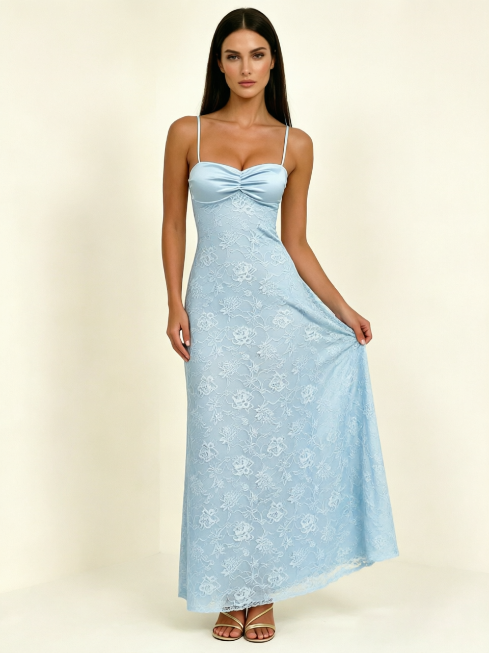 Satin Bust Lace Midi Maxi Dress, Spaghetti Strap Cross Lace Up Back Bridesmaid Dress