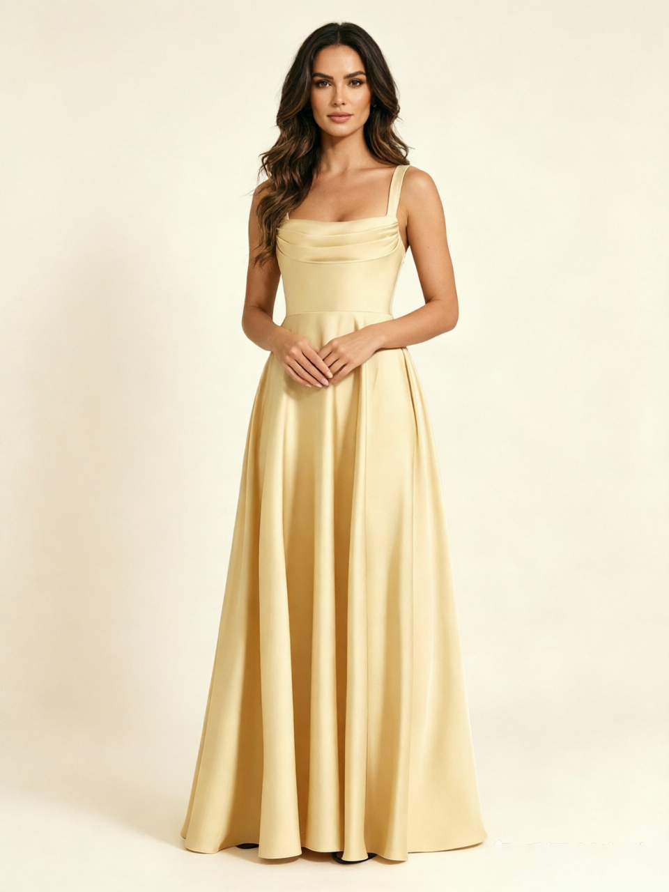 Satin Draped Cowl Square Neck A-Line Maxi Bridesmaid Dress