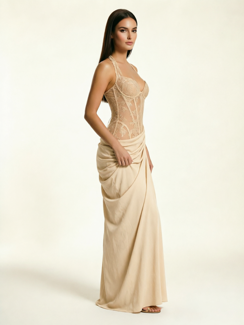 Lace Corset Halter High Slit Formal Dress