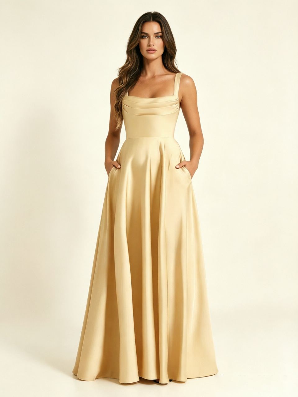 Satin Draped Cowl Square Neck A-Line Maxi Bridesmaid Dress