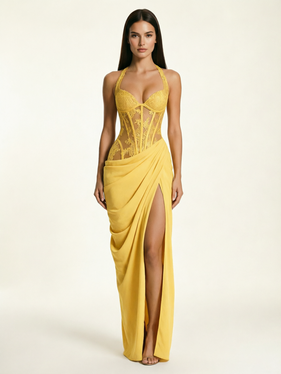 Lace Corset Halter High Slit Formal Dress