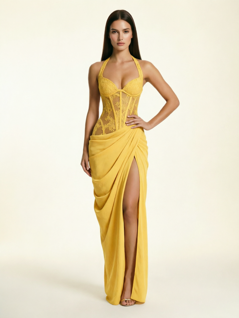 Lace Corset Halter High Slit Formal Dress