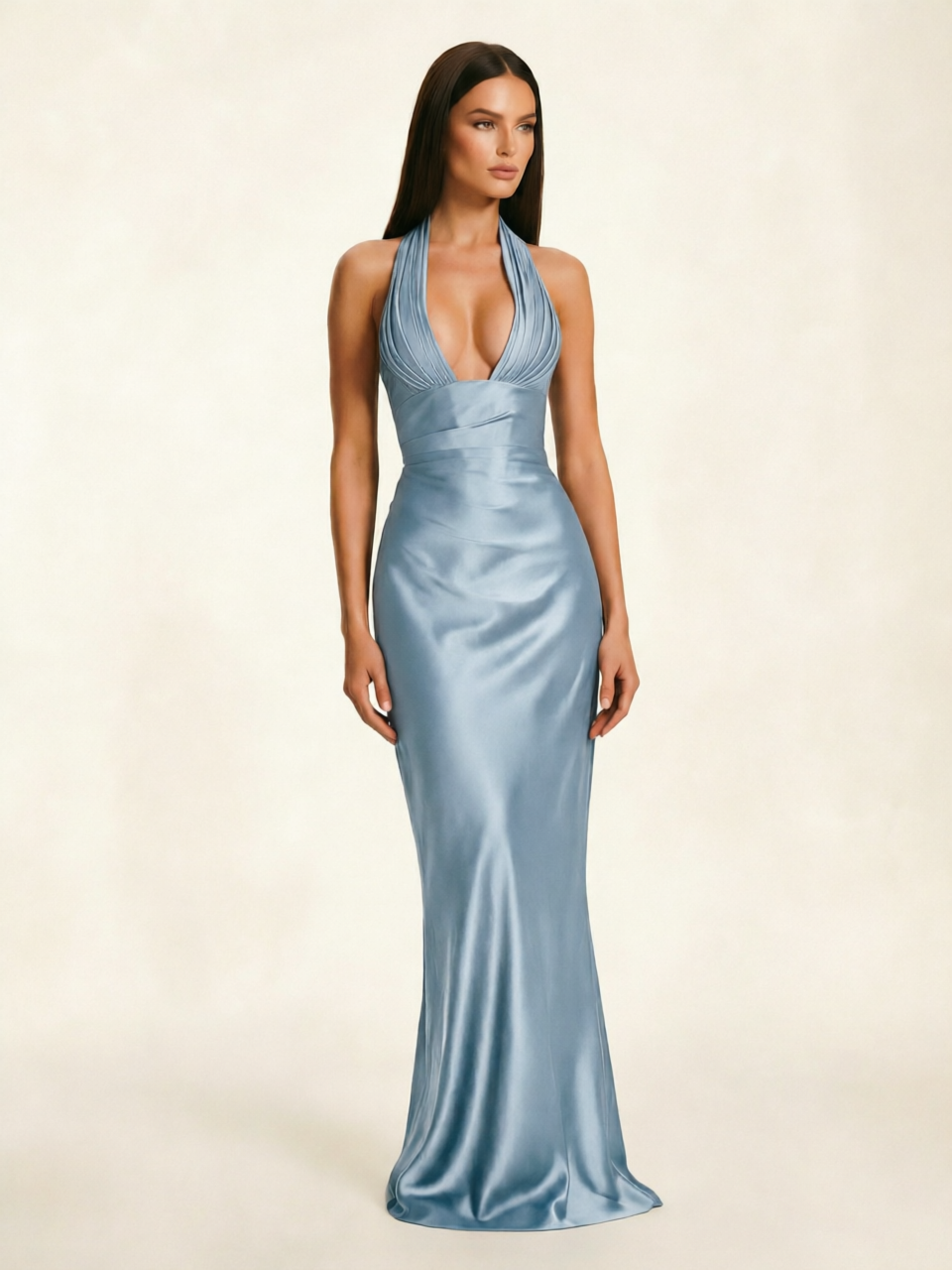 Deep V Satin Mermaid Lace-Up Back Formal Dress