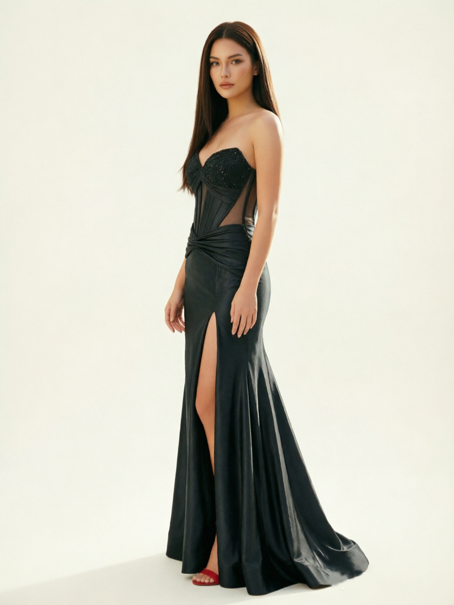 Strapless Corset Satin High Slit Mermaid Gown