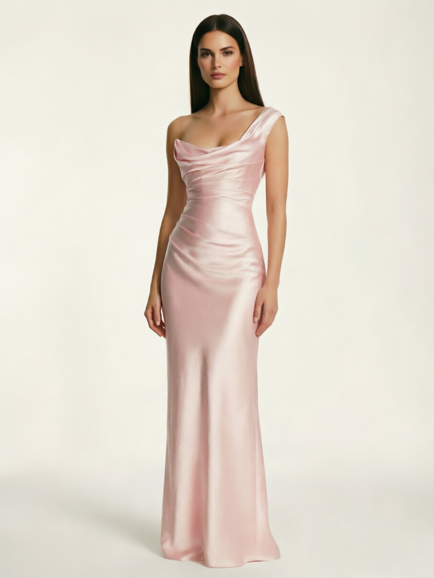 Single-shoulder satin back strap design formal dress