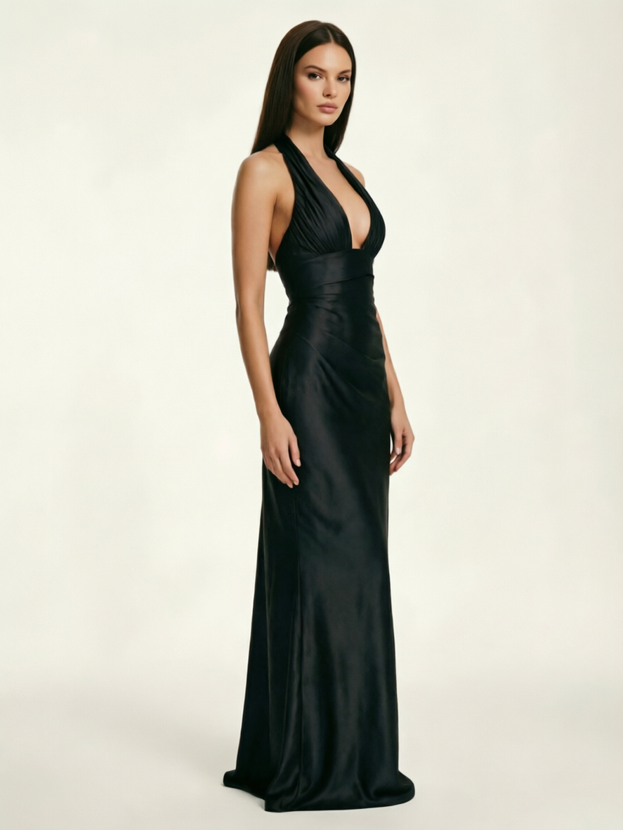 Deep V Satin Mermaid Lace-Up Back Formal Dress
