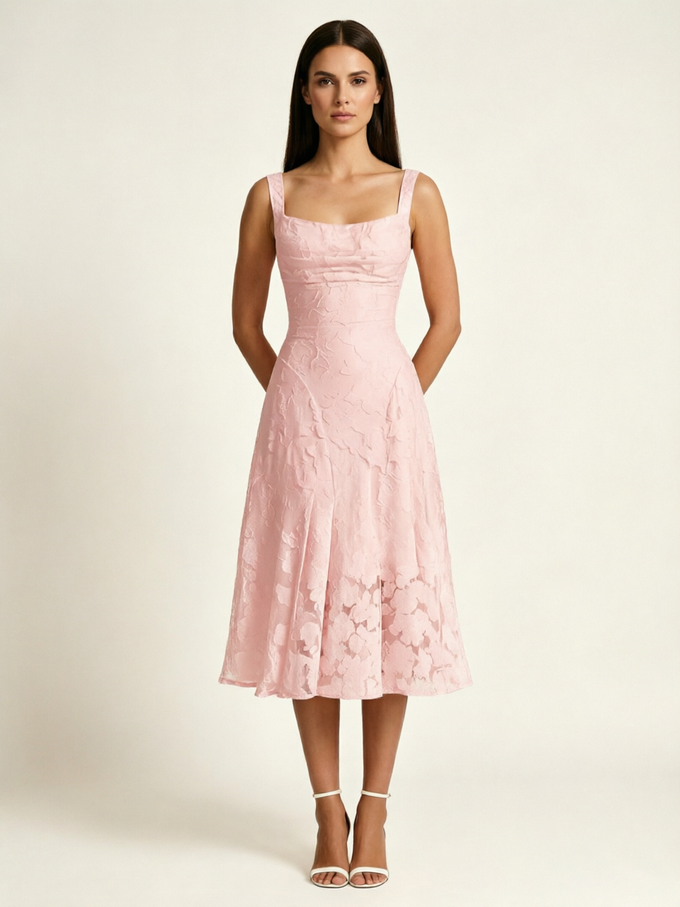 3D Floral Jacquard Square Neck Midi Dress