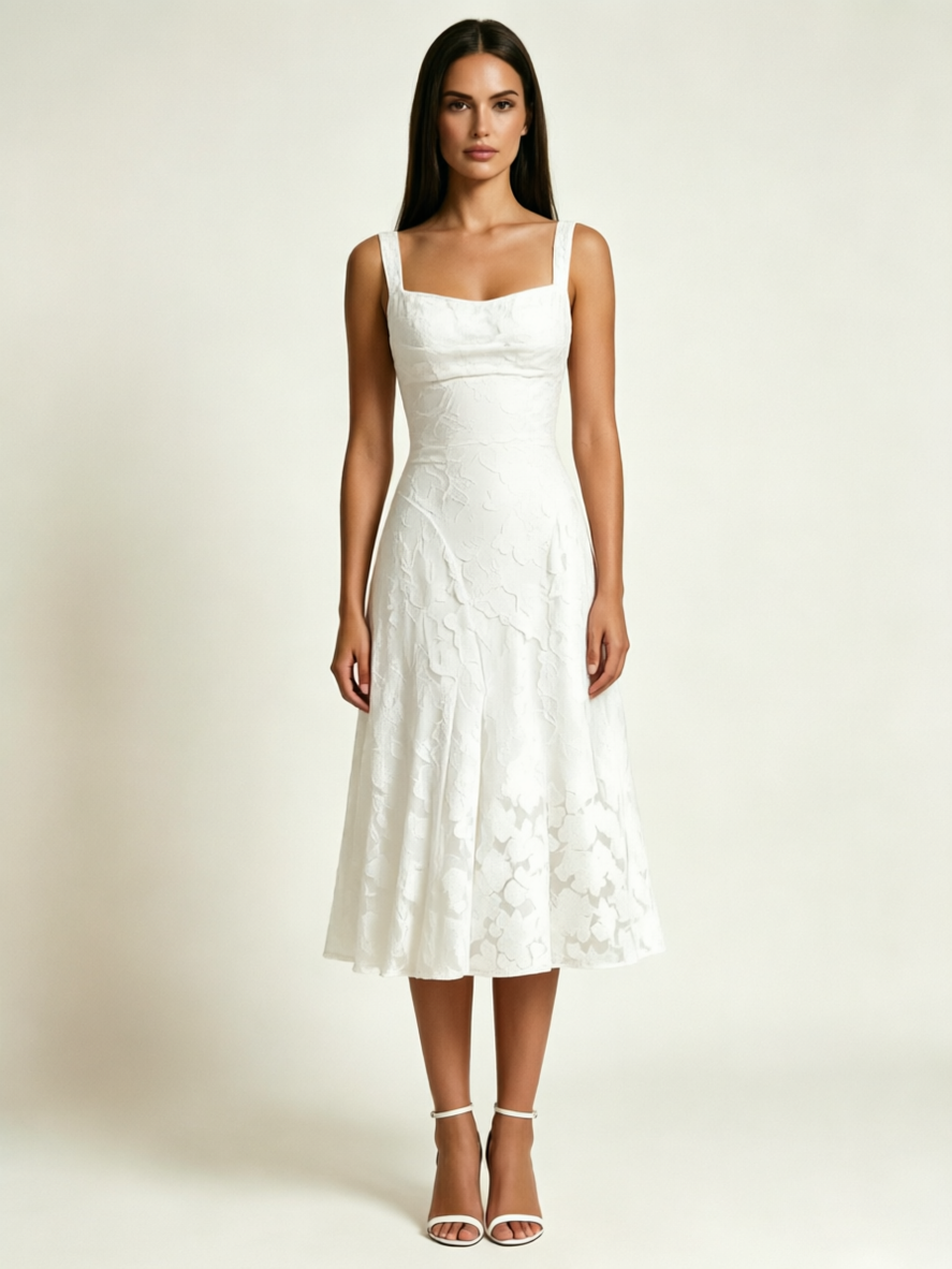 3D Floral Jacquard Square Neck Midi Dress