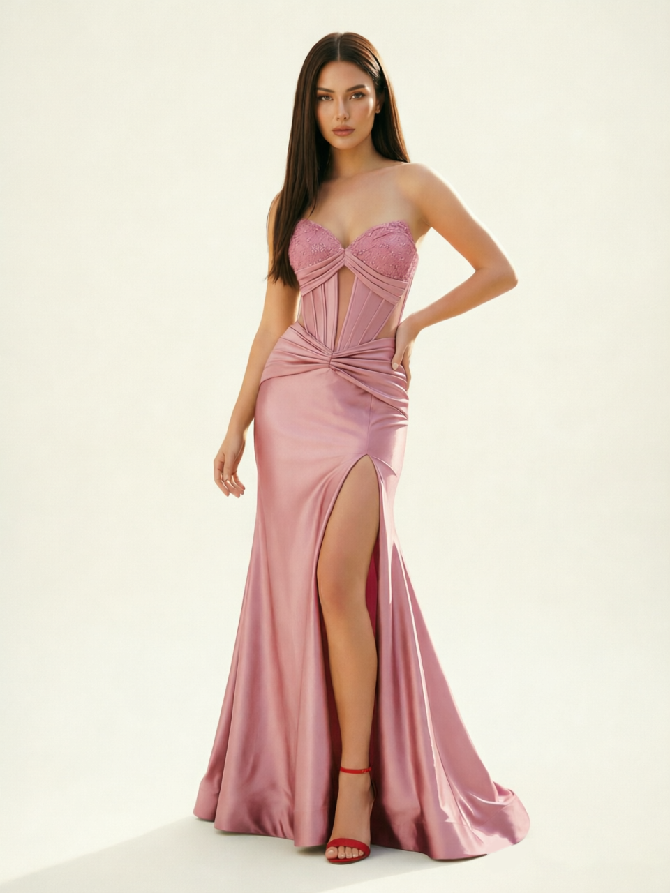 Strapless Corset Satin High Slit Mermaid Gown