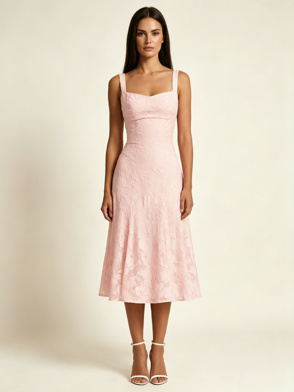3D Floral Jacquard Square Neck Midi Dress