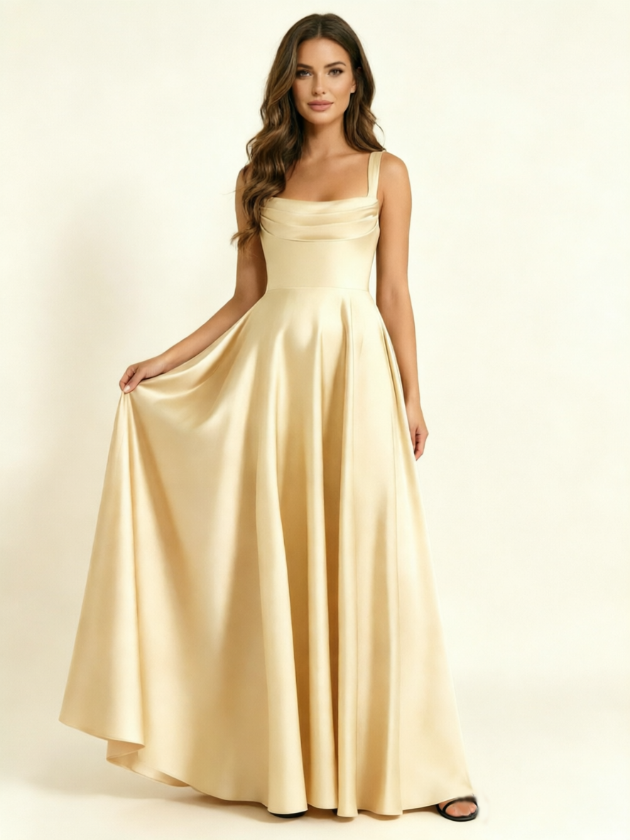 Satin Draped Cowl Square Neck A-Line Maxi Bridesmaid Dress