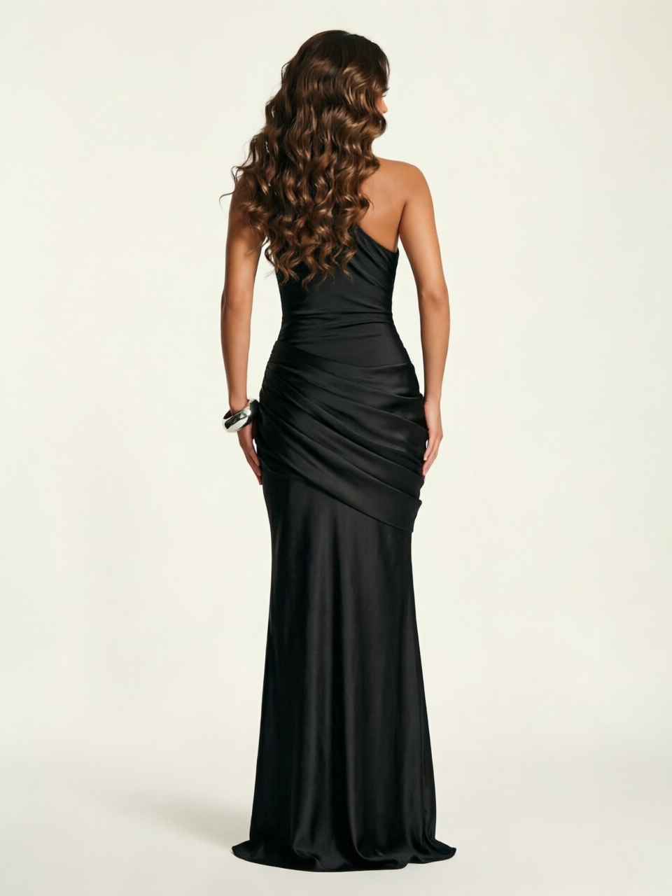 Single-shoulder satin floor-length evening dress
