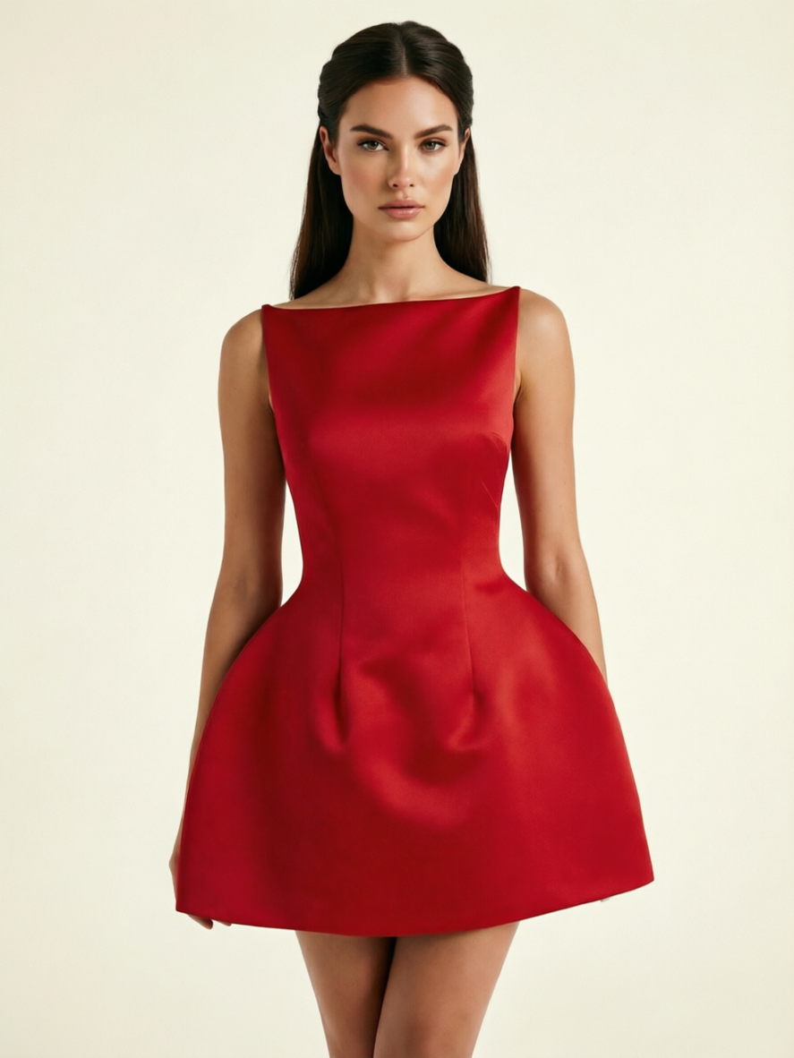 Satin Boat Neck Open Back Fit & Flare Mini Dress