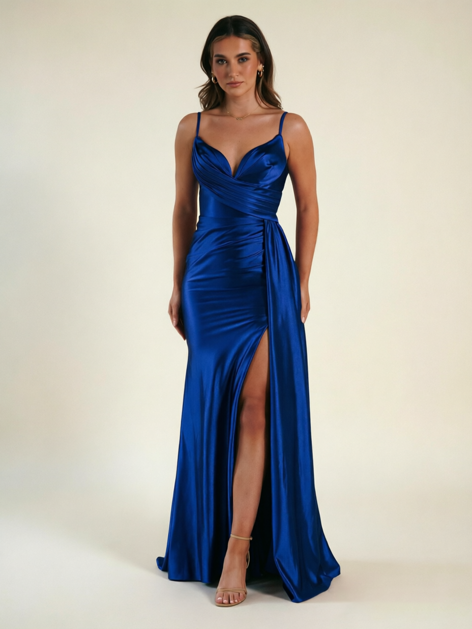 V-neck satin fine bandeau fitted high slit long dress