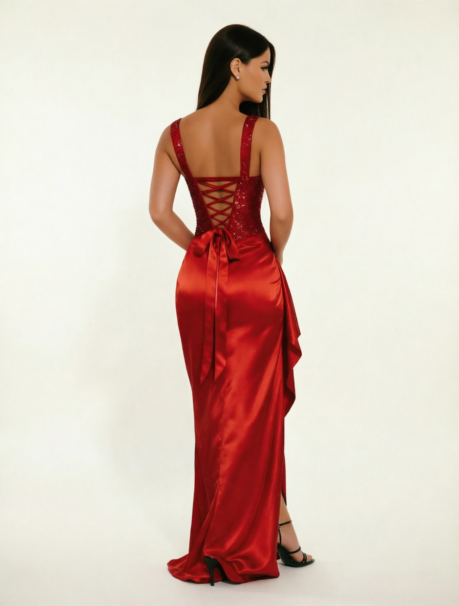 Sequin Corset Satin High Slit Formal Maxi Dress
