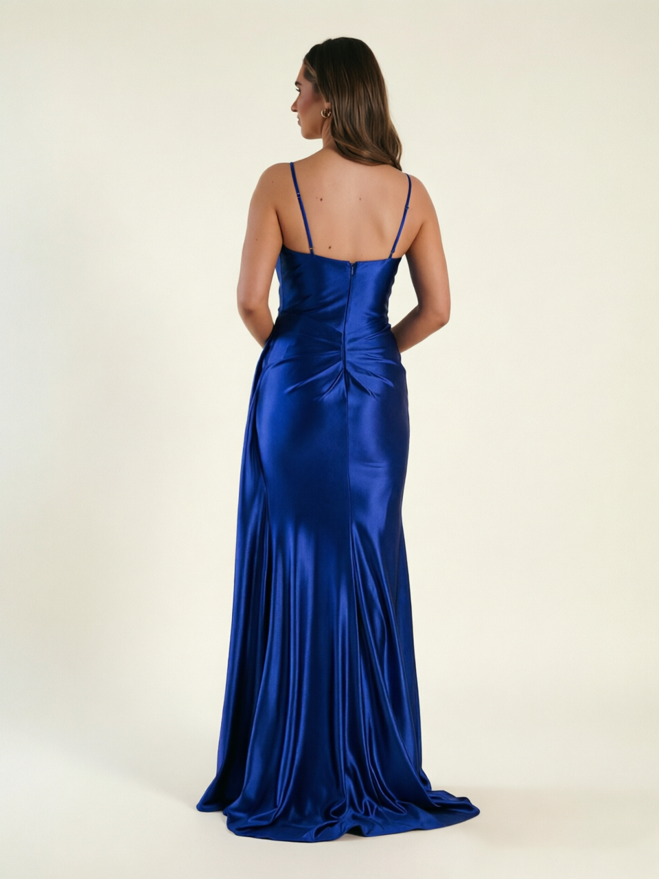 V-neck satin fine bandeau fitted high slit long dress