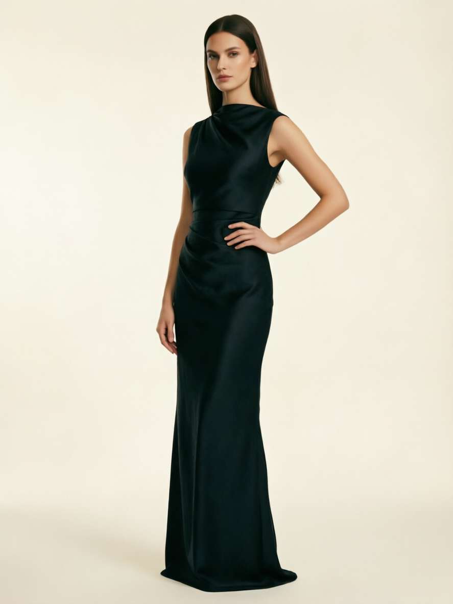 Sleeveless Draped Satin Mermaid Cutout Back Formal Dress