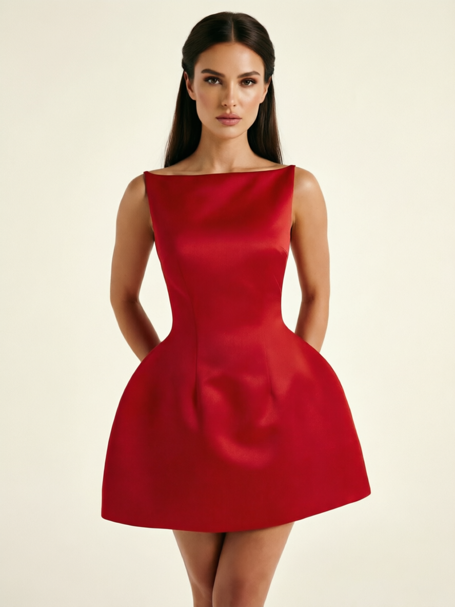 Satin Boat Neck Open Back Fit & Flare Mini Dress