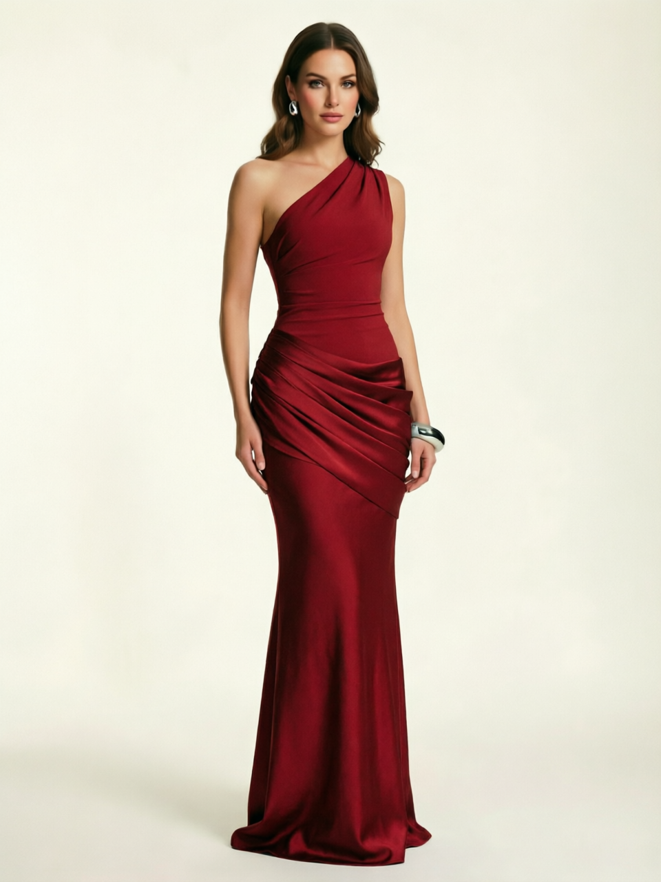 Single-shoulder satin floor-length evening dress