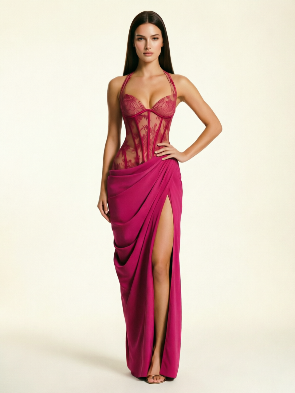 Lace Corset Halter High Slit Formal Dress