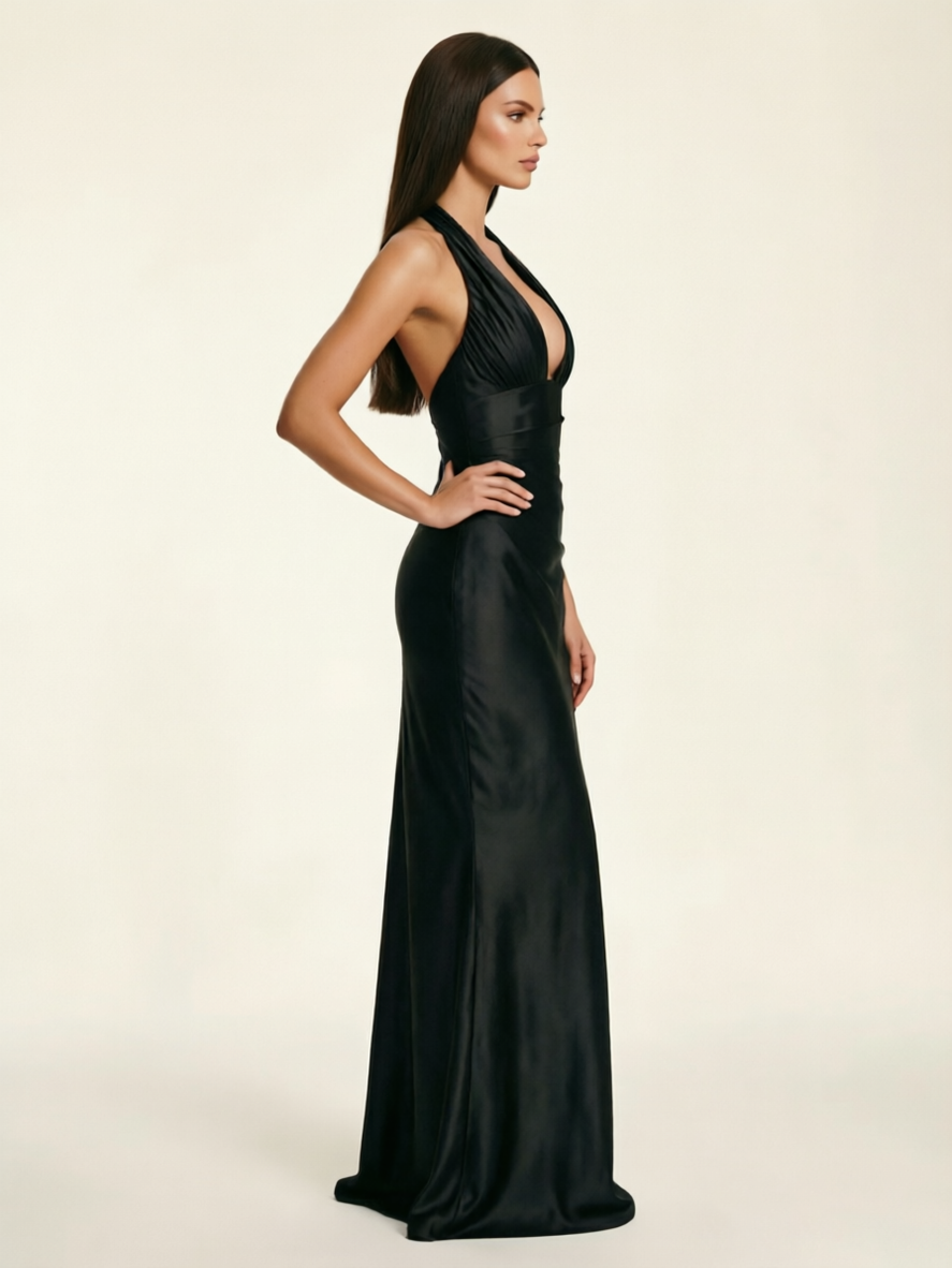 Deep V Satin Mermaid Lace-Up Back Formal Dress