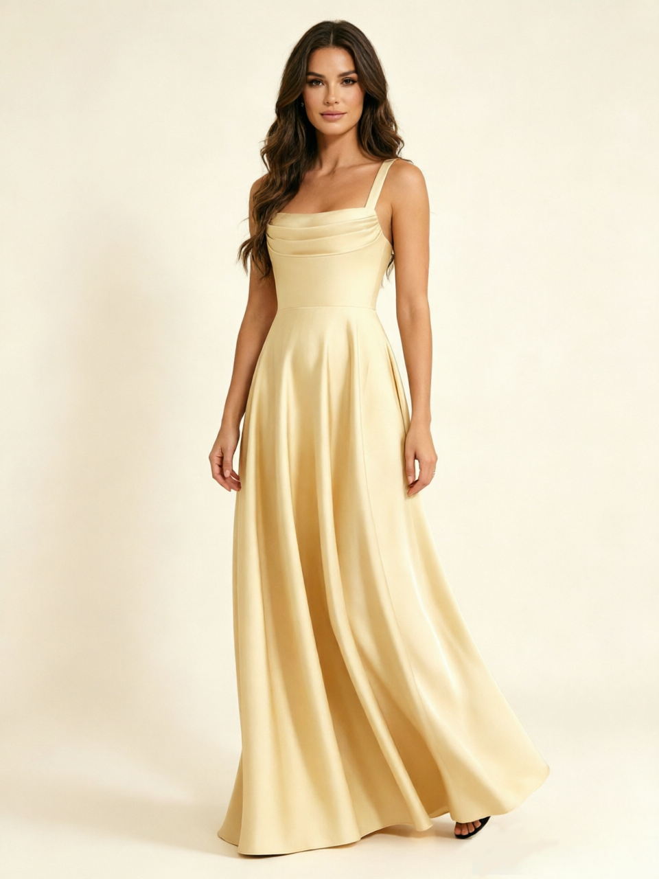 Satin Draped Cowl Square Neck A-Line Maxi Bridesmaid Dress