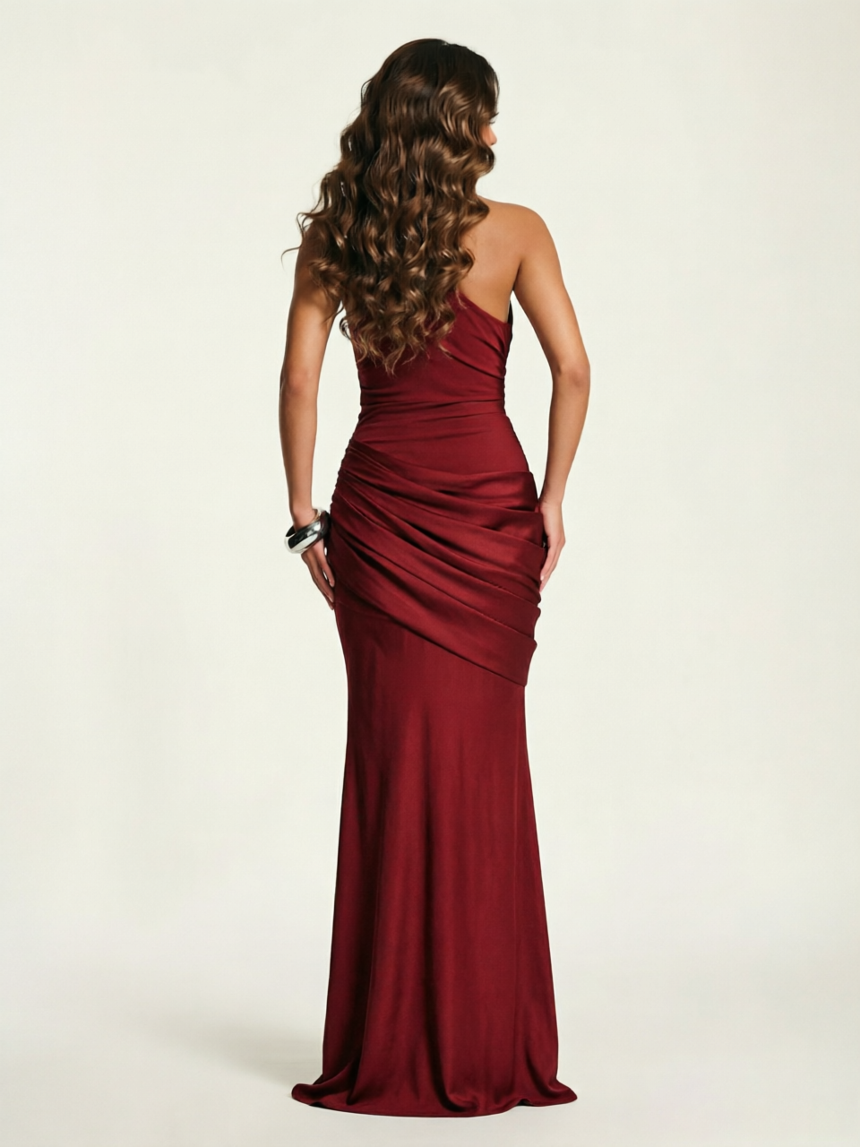 Single-shoulder satin floor-length evening dress