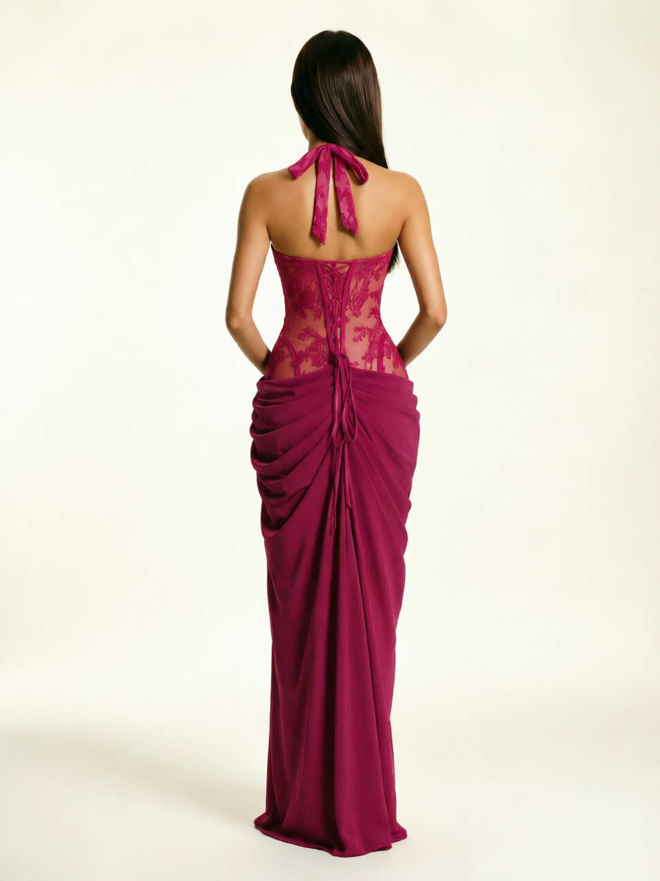 Lace Corset Halter High Slit Formal Dress