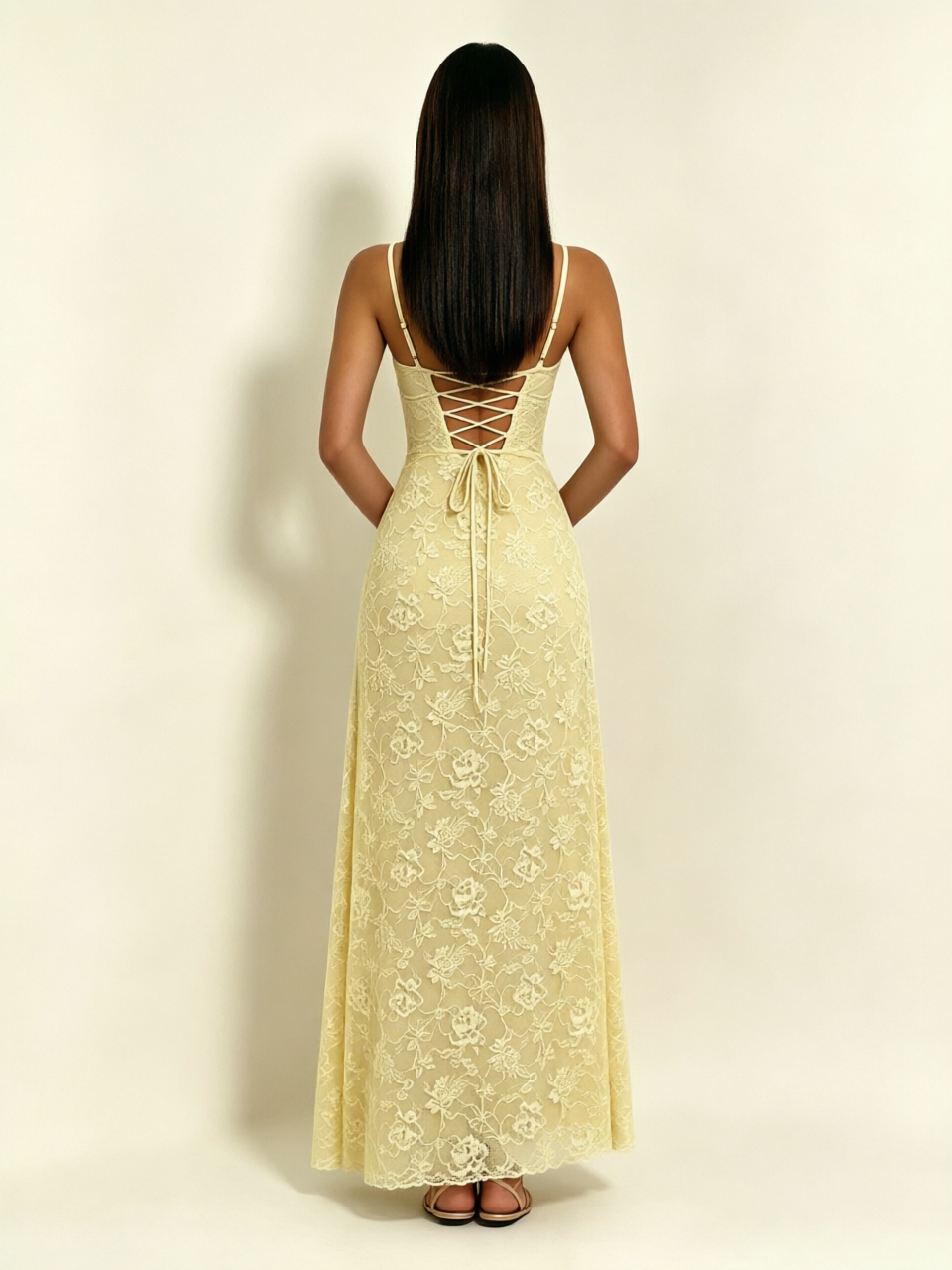 Satin Bust Lace Midi Maxi Dress, Spaghetti Strap Cross Lace Up Back Bridesmaid Dress