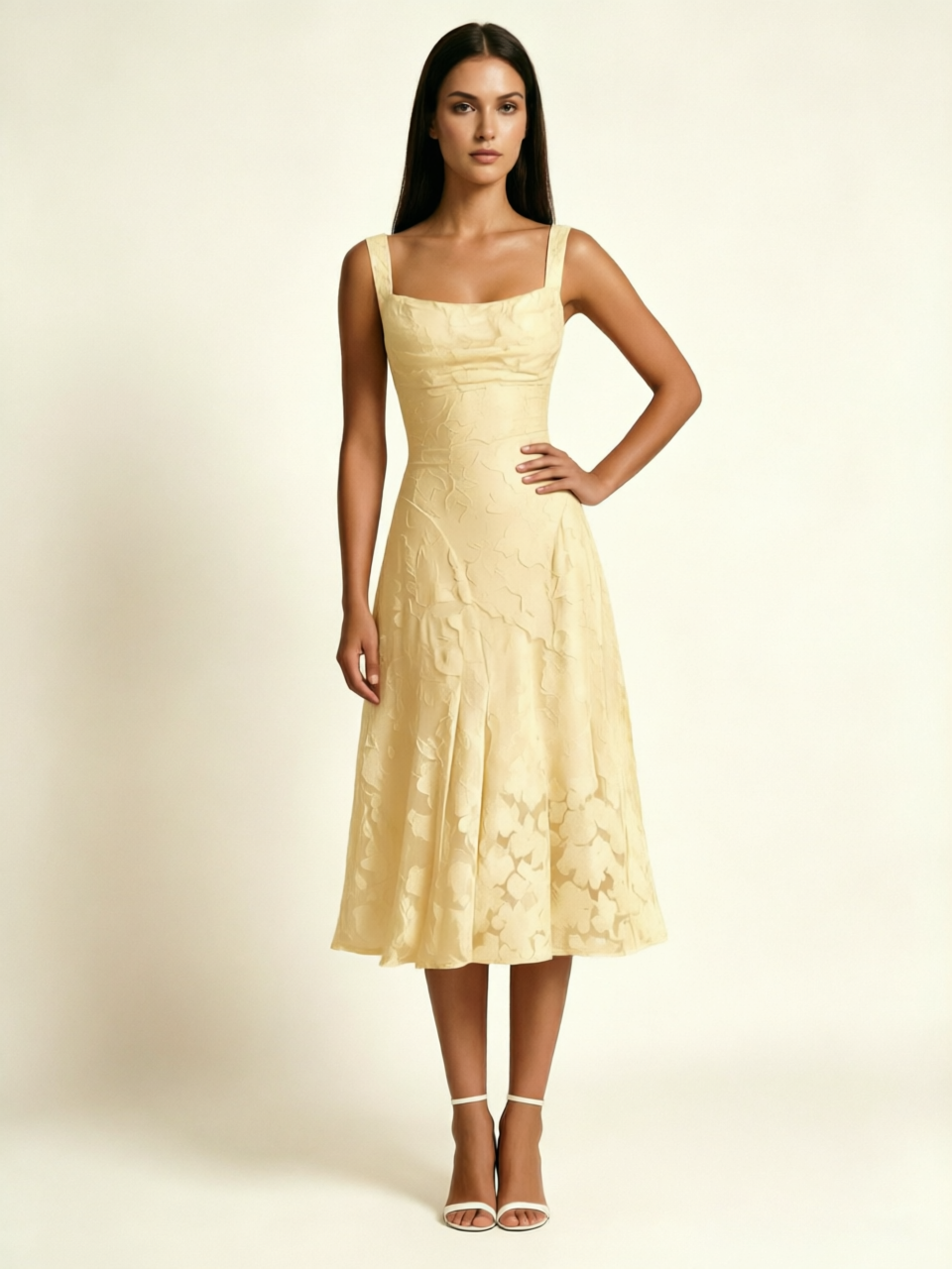 3D Floral Jacquard Square Neck Midi Dress
