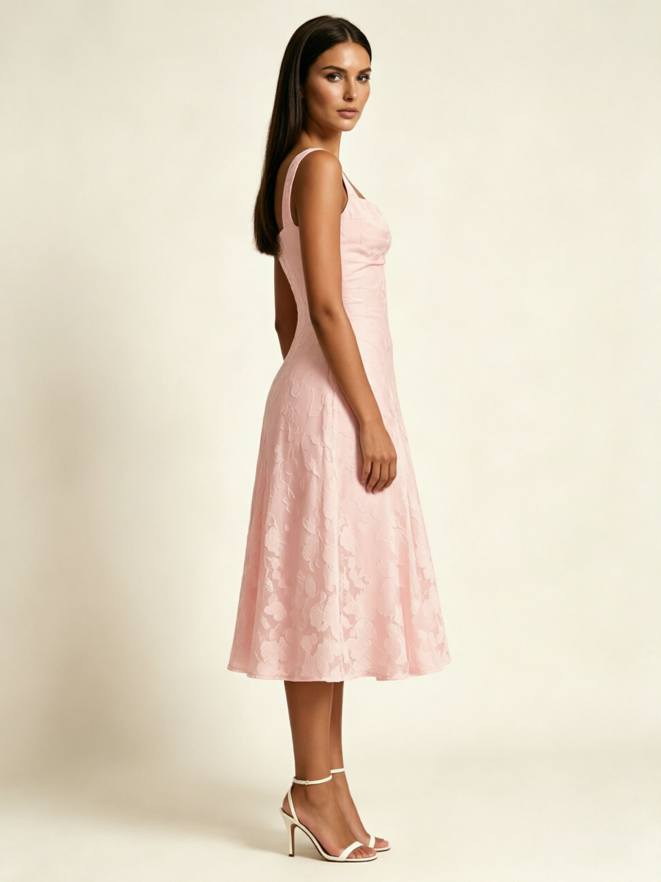 3D Floral Jacquard Square Neck Midi Dress