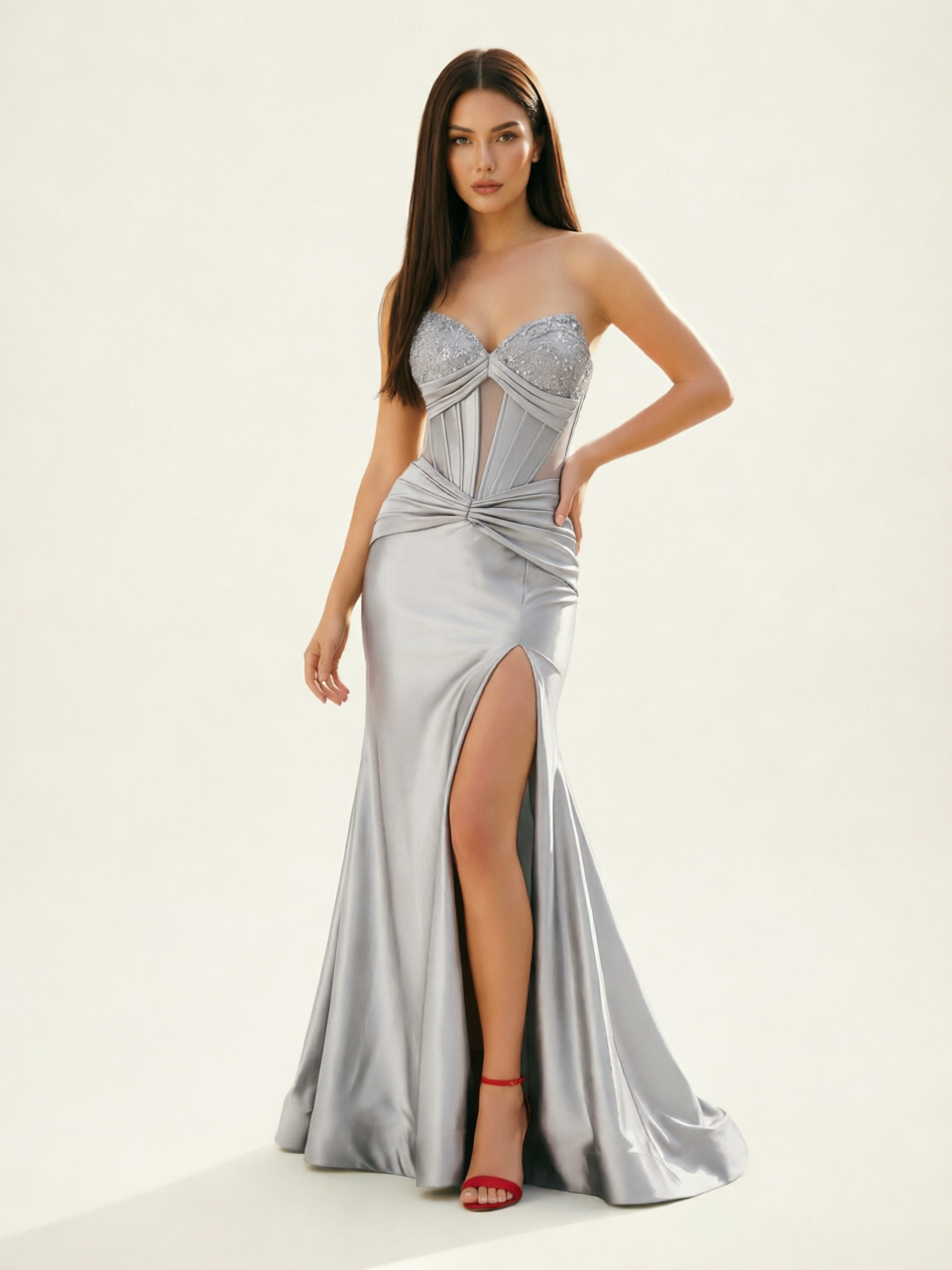 Strapless Corset Satin High Slit Mermaid Gown