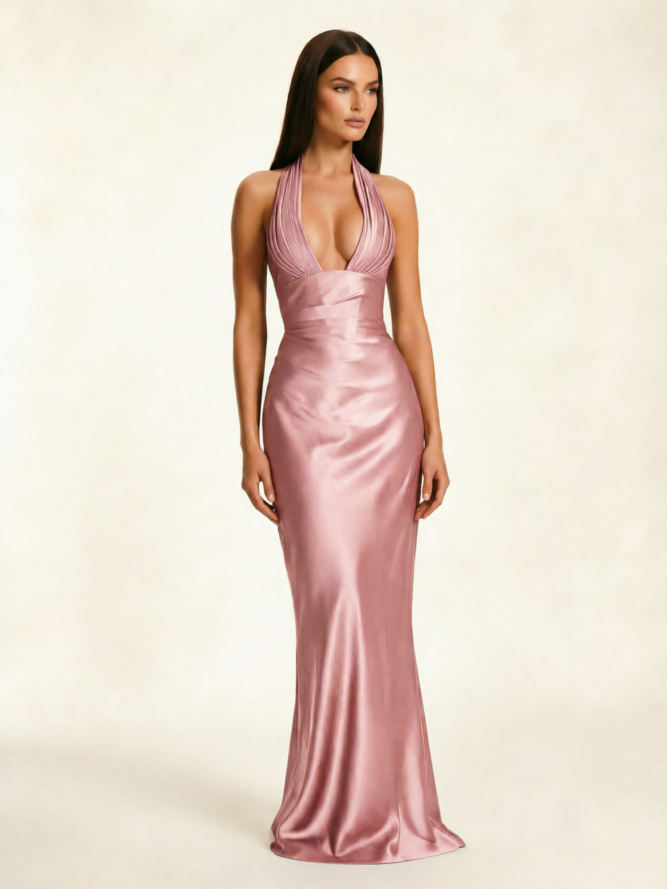 Deep V Satin Mermaid Lace-Up Back Formal Dress