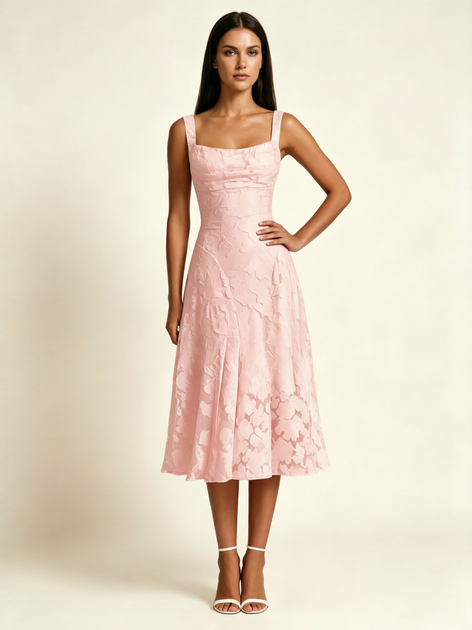 3D Floral Jacquard Square Neck Midi Dress