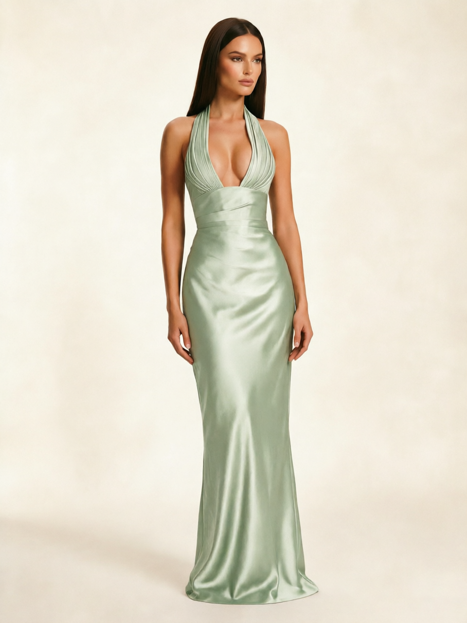 Deep V Satin Mermaid Lace-Up Back Formal Dress