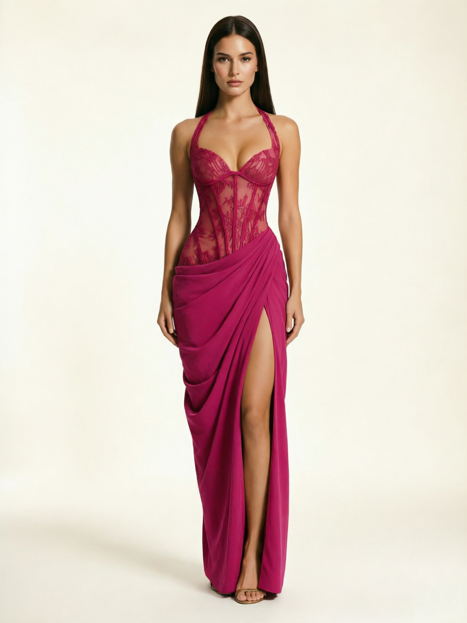 Lace Corset Halter High Slit Formal Dress