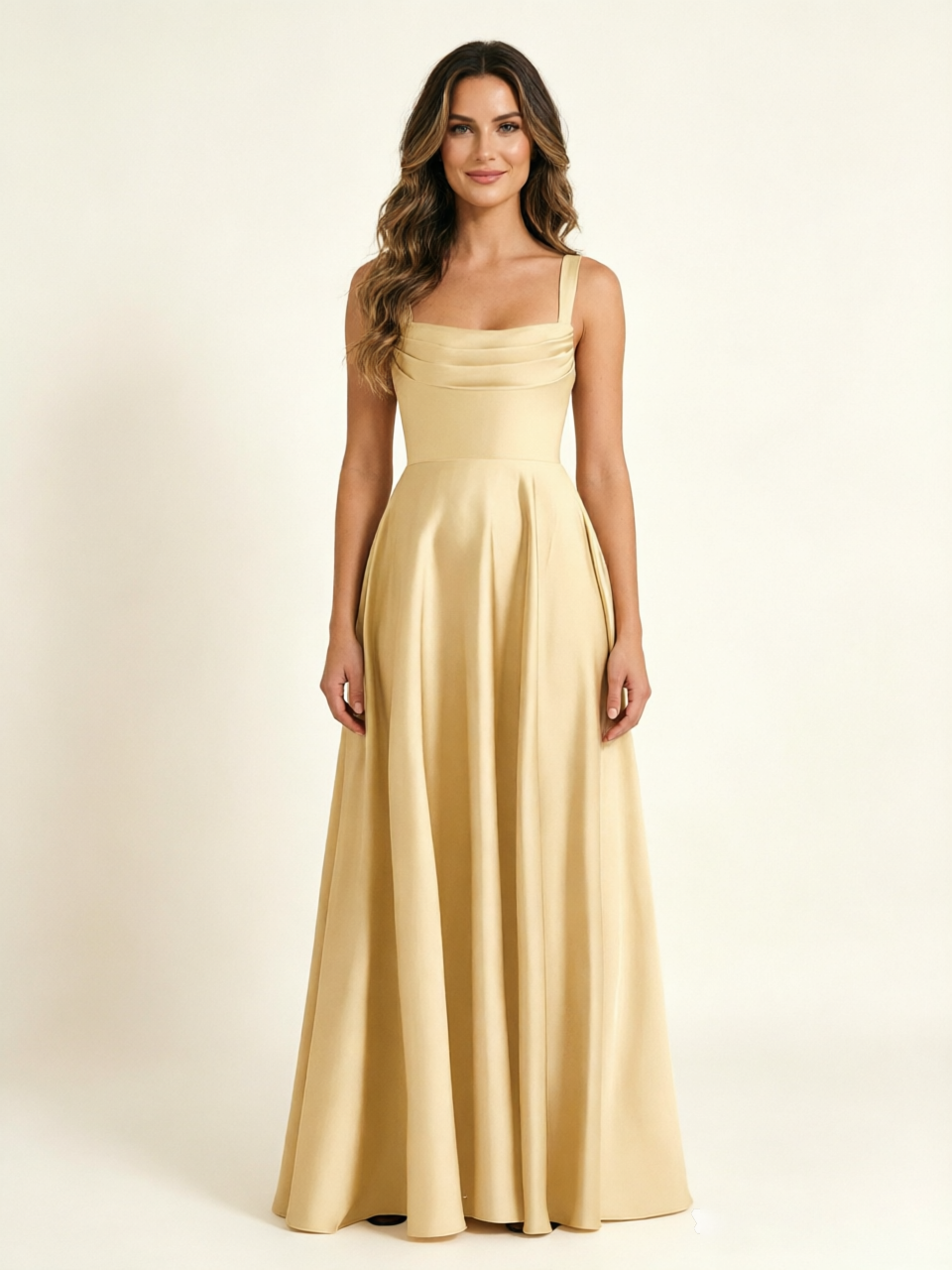Satin Draped Cowl Square Neck A-Line Maxi Bridesmaid Dress