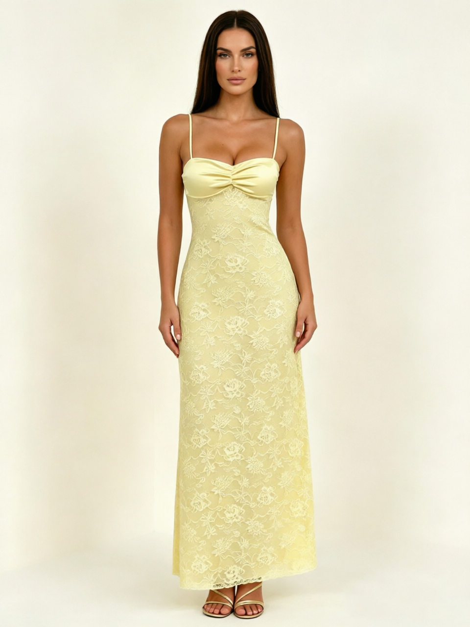 Satin Bust Lace Midi Maxi Dress, Spaghetti Strap Cross Lace Up Back Bridesmaid Dress