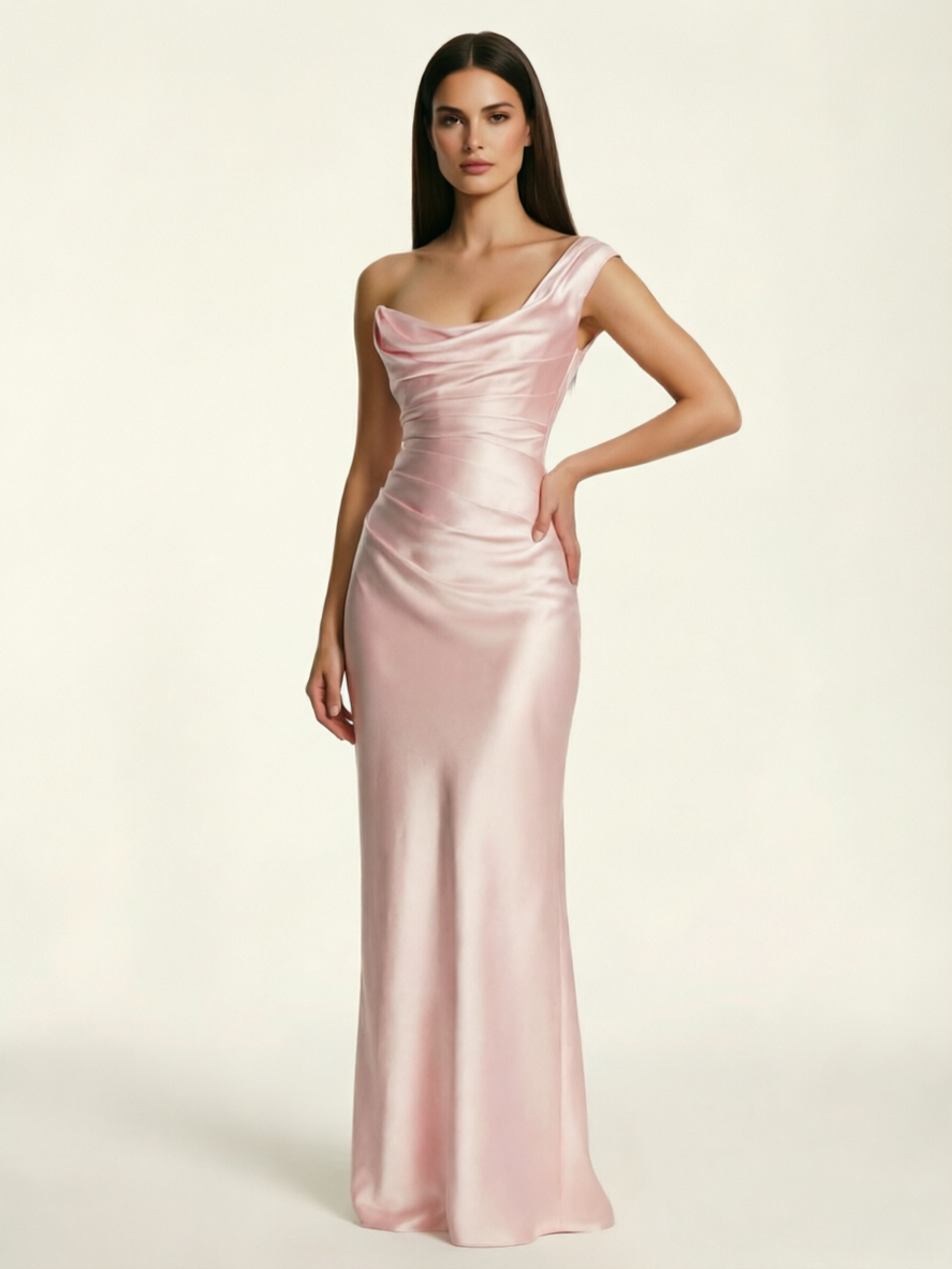 Single-shoulder satin back strap design formal dress