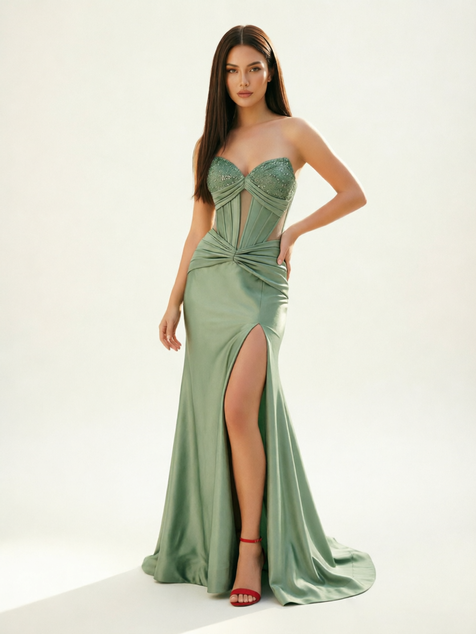 Strapless Corset Satin High Slit Mermaid Gown